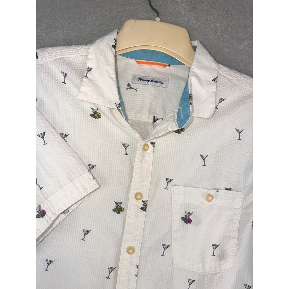 Tommy Bahama Mens Medium White Seersucker Martini Cocktail Short Sleeve Shirt